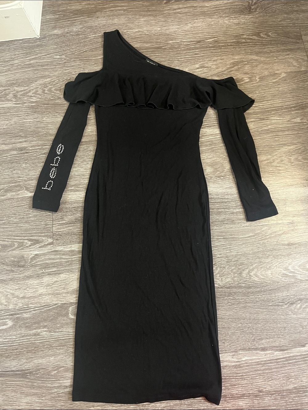 bebe Black One-Shoulder Ruffle Bodycon Dress with Rhinestone Logo